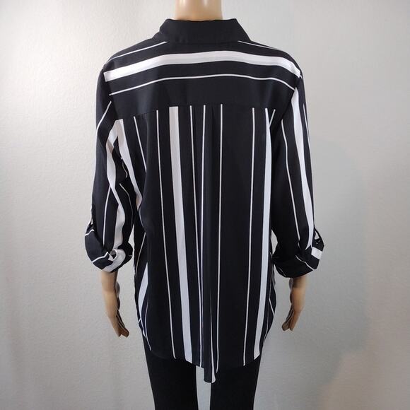 INC International Concepts Black White Stripes Flowy Button Down Shirt Size L - Picture 2 of 14